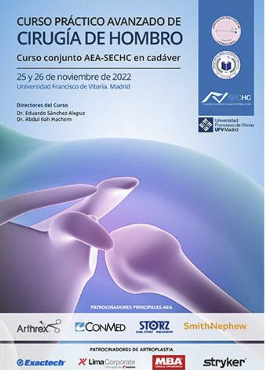 🟣CURSO PRÁCTICO AVANZADO DE CIRUGÍA DE HOMBRO🟣

▪️Curso conjunto AEA-SECHC en cadáver

▪️25 y 26 de noviembre de 2022 ▪️Universidad Francisco de Vitoria. Madrid

‼️INSCRIPCIÓN🇪🇸
docs.google.com/forms/d/e/1FAI…