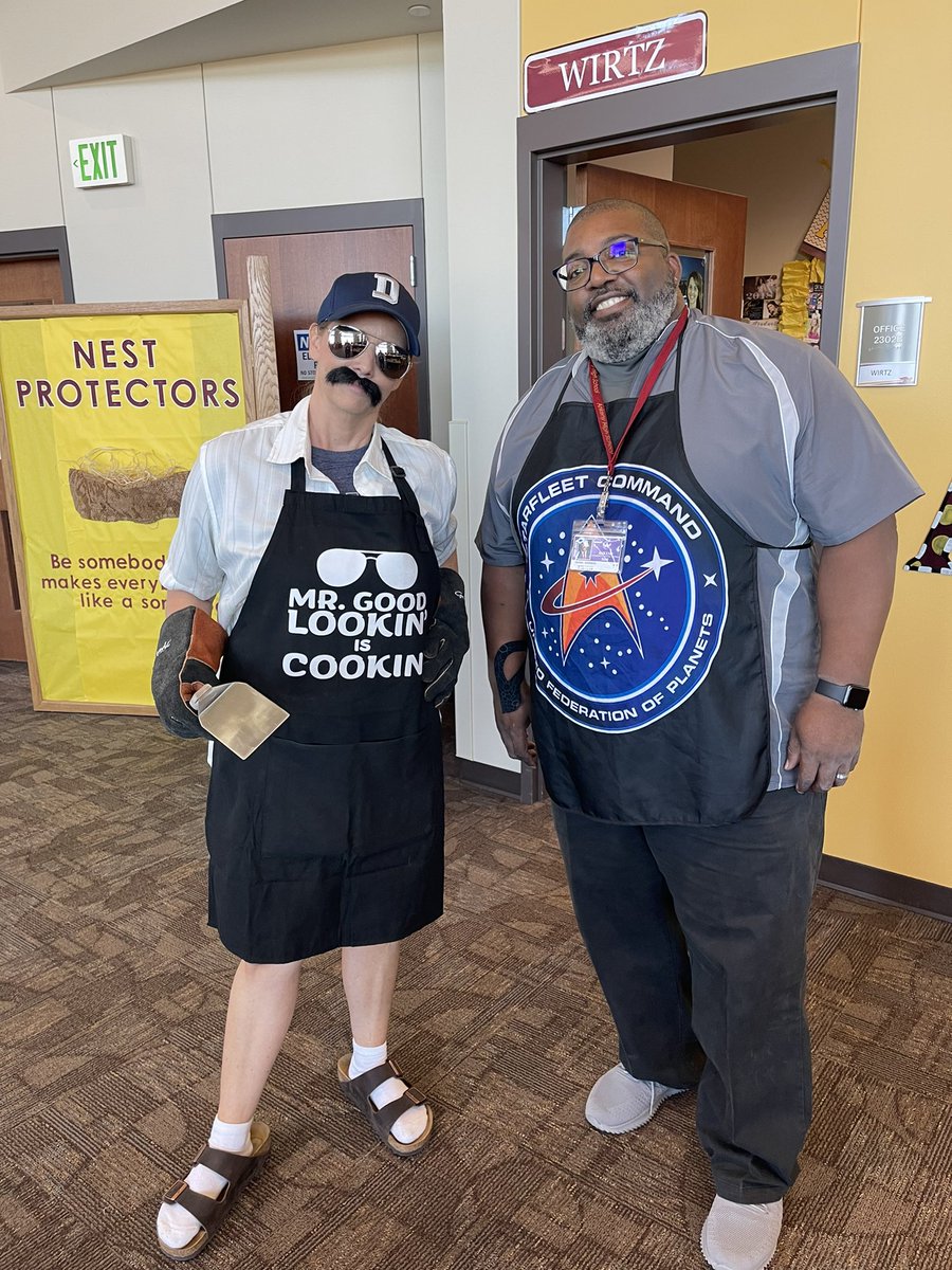 Apparently principals and librarians can get into homecoming spirit and dress up like barbecue dads. I think Ms Wirtz beat me though. #AHSHawkPride