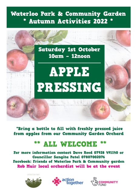 Our next apple pressing event, this Saturday 1st Oct at Waterloo Park &amp; Community Garden 10-12noon 🍎
Bring your apples and clean, empty bottles to take home some scrummy juice 😋 
<a href="/TNLComFund/">The National Lottery Community Fund</a> 
<a href="/WeActTogether/">Action Together</a> <a href="/infinityinitia1/">Infinity</a>