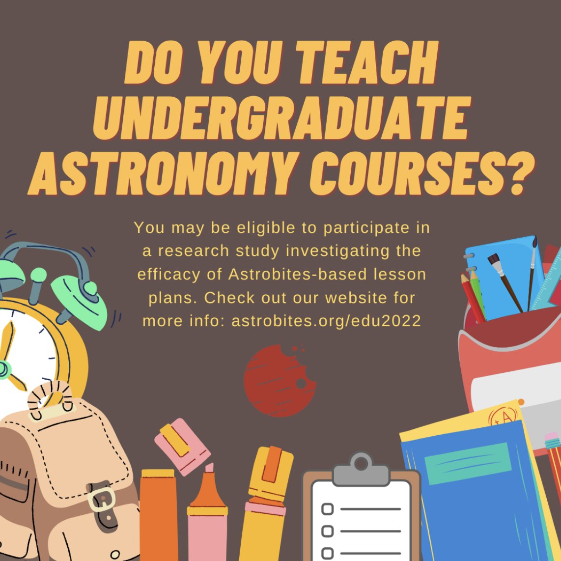 Do you teach or TA undergraduate astronomy courses? 

You may be eligible to participate in a research study investigating the efficacy of Astrobites-based lesson plans! Check out this page for more info: astrobites.org/educational-re…