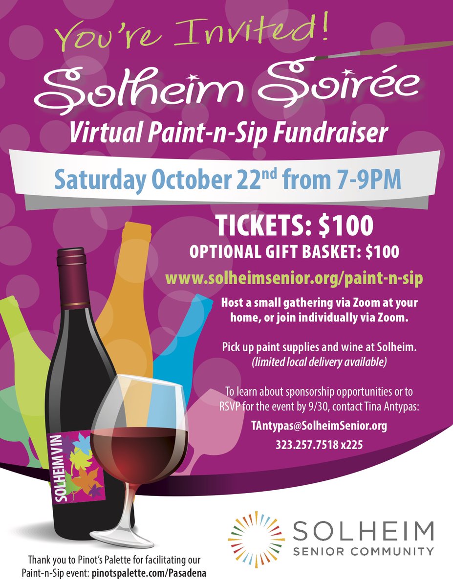 RSVP by this Friday, 9/30 for Solheim's Paint 'n' Sip! Contact details in flyer.