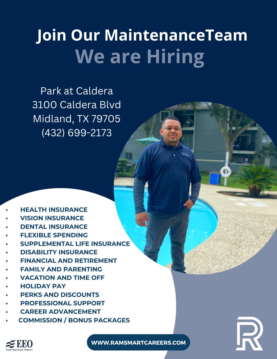 caldera_at's tweet photo. Join our Maintenance Team!!  #ramcareers #parkatcaladera #rampartnersllc #midlandtexas #midlandjobs https://t.co/ntSC3gB8QX