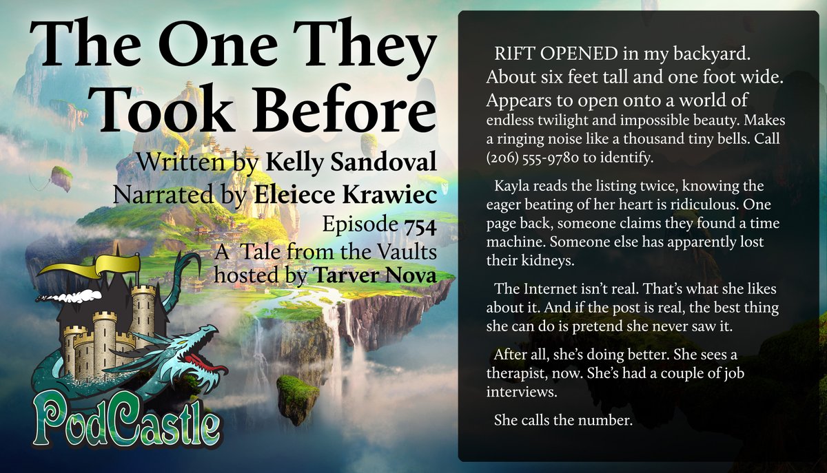 PodCastle_org's tweet photo. #pc754 THE ONE THEY TOOK BEFORE by Kelly Sandoval, narrated by Eleiece Krawiec. A #TaleFromTheVaults selected and hosted by Tarver Nova, and first published in our beloved Shimmer Magazine.
Rated PG. https://t.co/1qN6CXb0g4