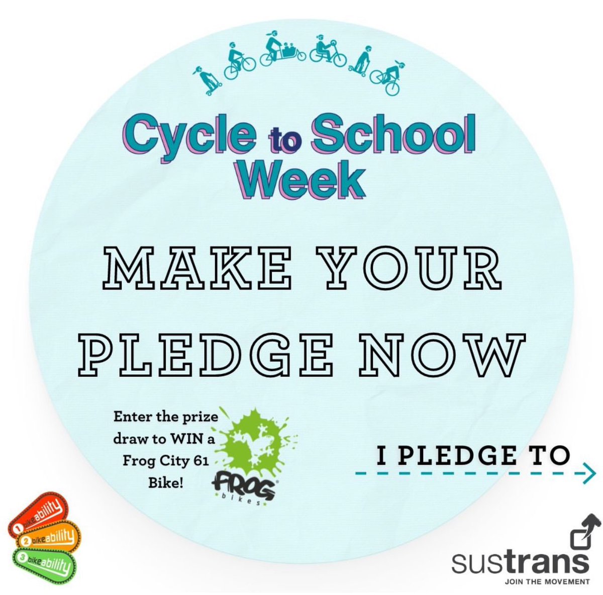 #CycleToSchoolWeek is back! <a href="/BikeabilityUK/">Bikeability</a> &amp; @Sustrans are asking you to make a pledge for #ActiveTravel on the week of 3rd– 7th October. What will yours be? Make your pledge now to be in for the chance to win a Frog City 61 Bike!
