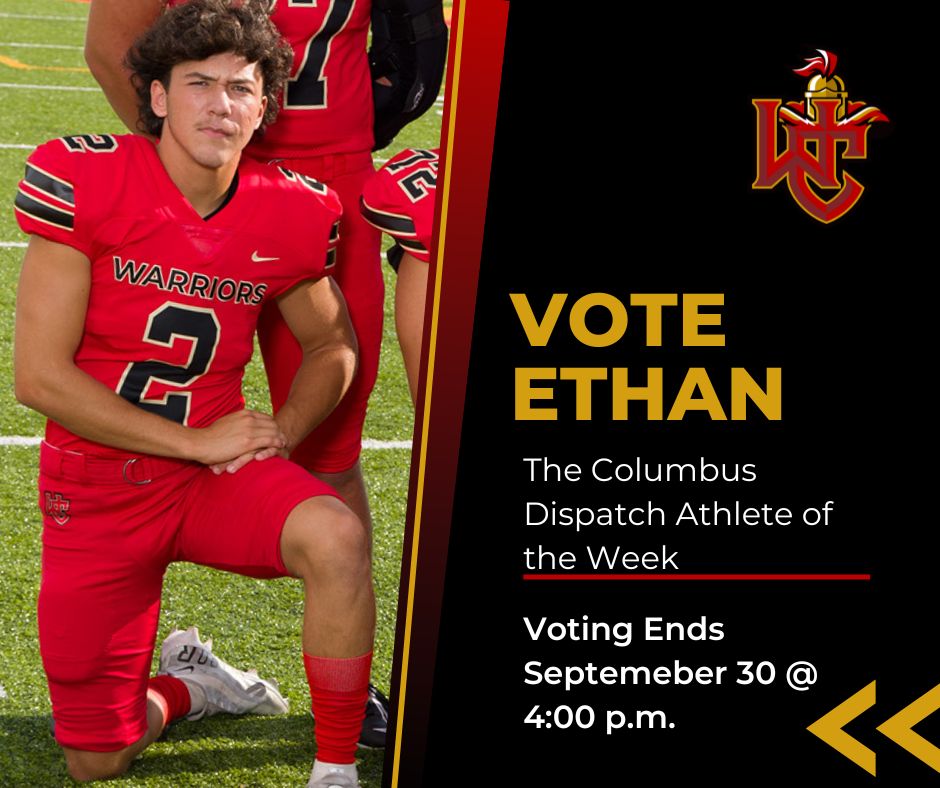 WCWarriorSports's tweet photo. Ethan Albert has been nominated by The Columbus Dispatch for Athlete of the Week. Voting ends on Friday, September 30 at 4 p.m. You may cast your vote hourly by taking your phone off WiFi (one vote per WiFi IP address). 

Join Team Ethan! 
#WeAreWC 
https://t.co/HSNw7WHw3Z https://t.co/DXflXdCrrB