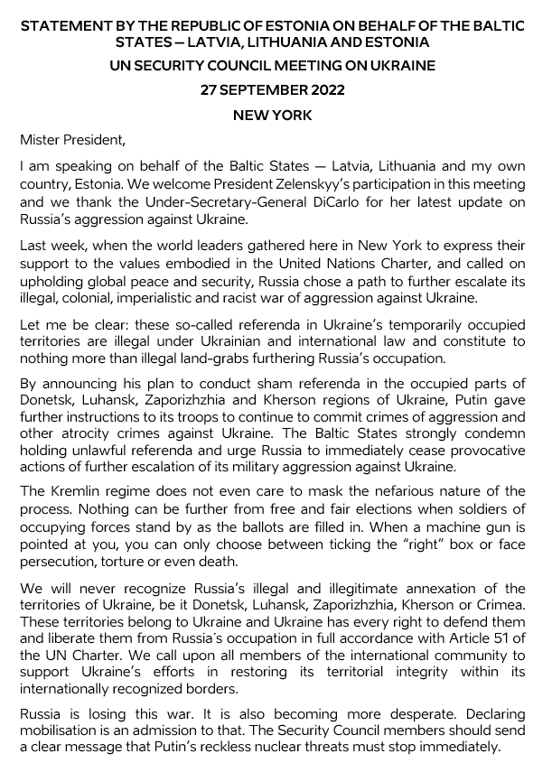 EstoniaUN's tweet photo. 🇪🇪🇱🇻🇱🇹 condemn RU's decision to further escalate its illegal, colonial, imperialistic &amp; racist war of aggression against 🇺🇦 incl:
🔹illegal sham referenda
🔹reckless nuclear threats
🔹mobilisation.

Expect a strong reaction from international community!

👉https://t.co/et0YuY1lDC https://t.co/2fOTQIt9cb