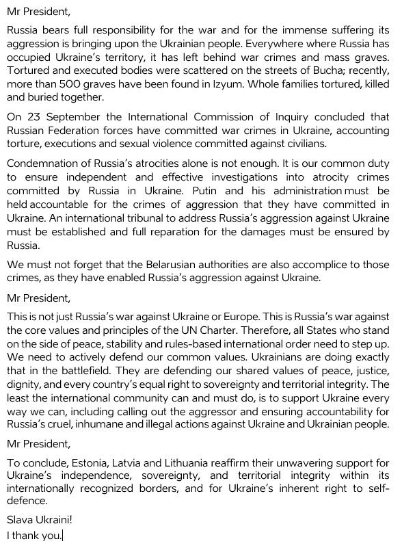 EstoniaUN's tweet photo. 🇪🇪🇱🇻🇱🇹 condemn RU's decision to further escalate its illegal, colonial, imperialistic &amp; racist war of aggression against 🇺🇦 incl:
🔹illegal sham referenda
🔹reckless nuclear threats
🔹mobilisation.

Expect a strong reaction from international community!

👉https://t.co/et0YuY1lDC https://t.co/2fOTQIt9cb