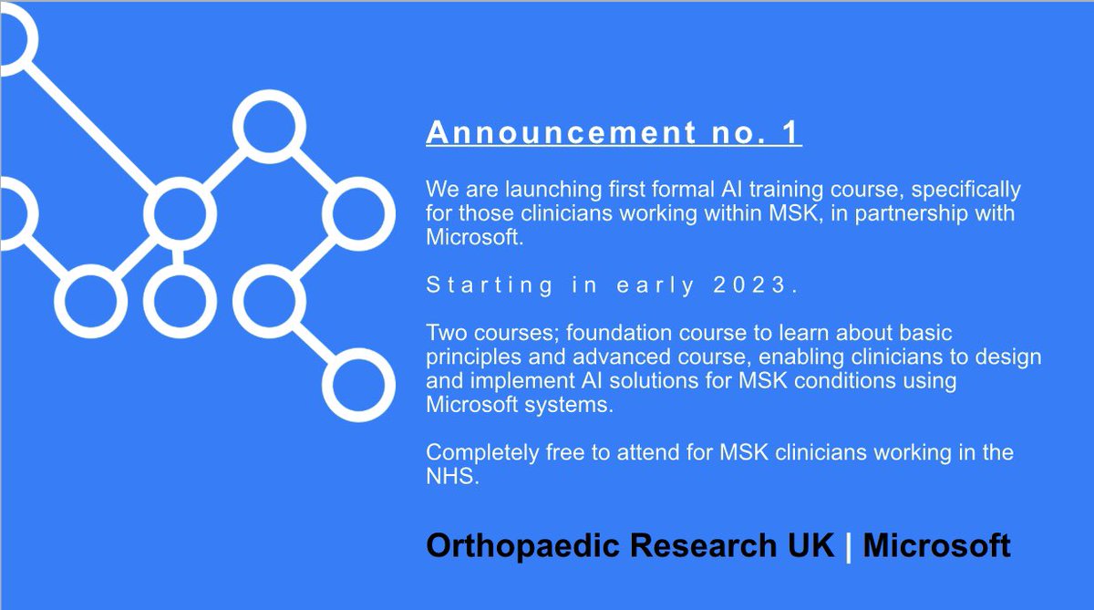 Delighted to announce our education partnership with @Microsoft to deliver #AI courses designed specifically for MSK clinicians #MSKmatters @annadijkstra @AMRC @NMRPerrin @Biopharmaboy