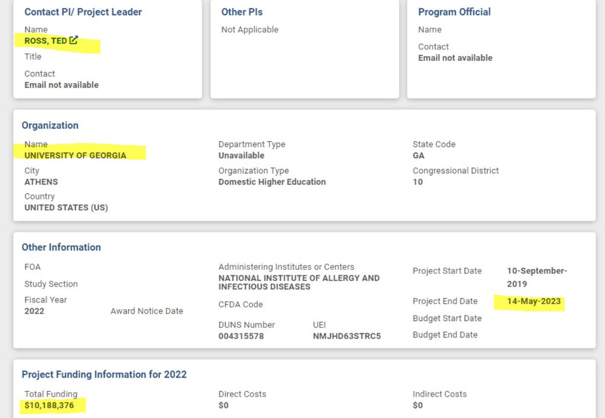 Benchpressers's tweet photo. Another excellent find by the Twitter account formerly known as PDSBiggums. #niaid funding to Dr Ted Ross & UGA in the amount of $10.2 mil just recently updated. Hopefully that is for #infectimune $pdsb #versamune 💥. Project end Sept 23. https://t.co/9MW8qMXTdw