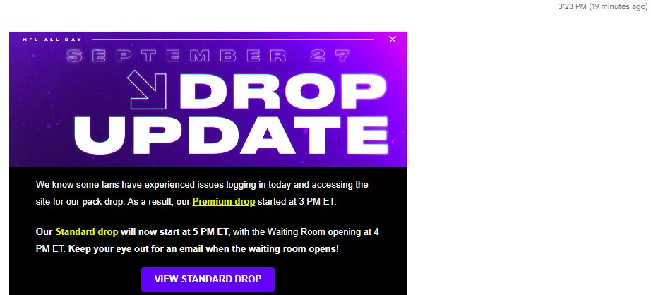 MGrahamMGraham's tweet photo. @NFLALLDAY thanks for the heads up 20 minutes (top right of pic) after the drop started. I'm not the only one who was never able to log in for the premium drop. Following in the footsteps of your big bro Topshot...Not happy! https://t.co/f7C2gFwyvV