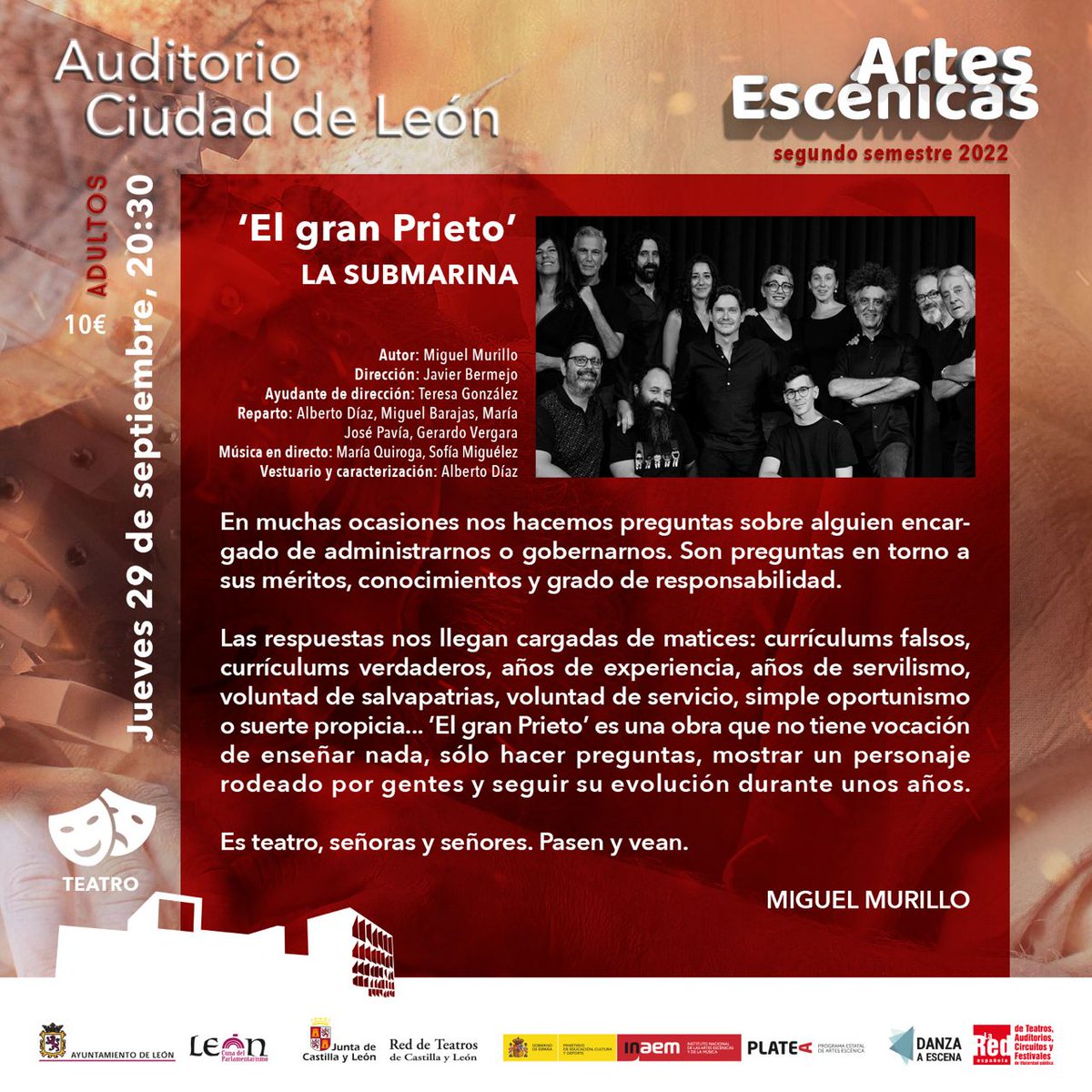 AytoLeonCultura's tweet photo. ◼︎ La compañía leonesa La Submarina inaugura con la obra de teatro 'El gran Prieto' la nueva temporada del Auditorio de @LeonAyto este jueves, a las 20:30 h.

🎟️ Entradas en https://t.co/WTea6d98WY desde el día 29 a las 0:00 h.

 ➕ℹ️ https://t.co/l33wyGa3js

#AytoLeónCultura https://t.co/rYihvtZ6bw