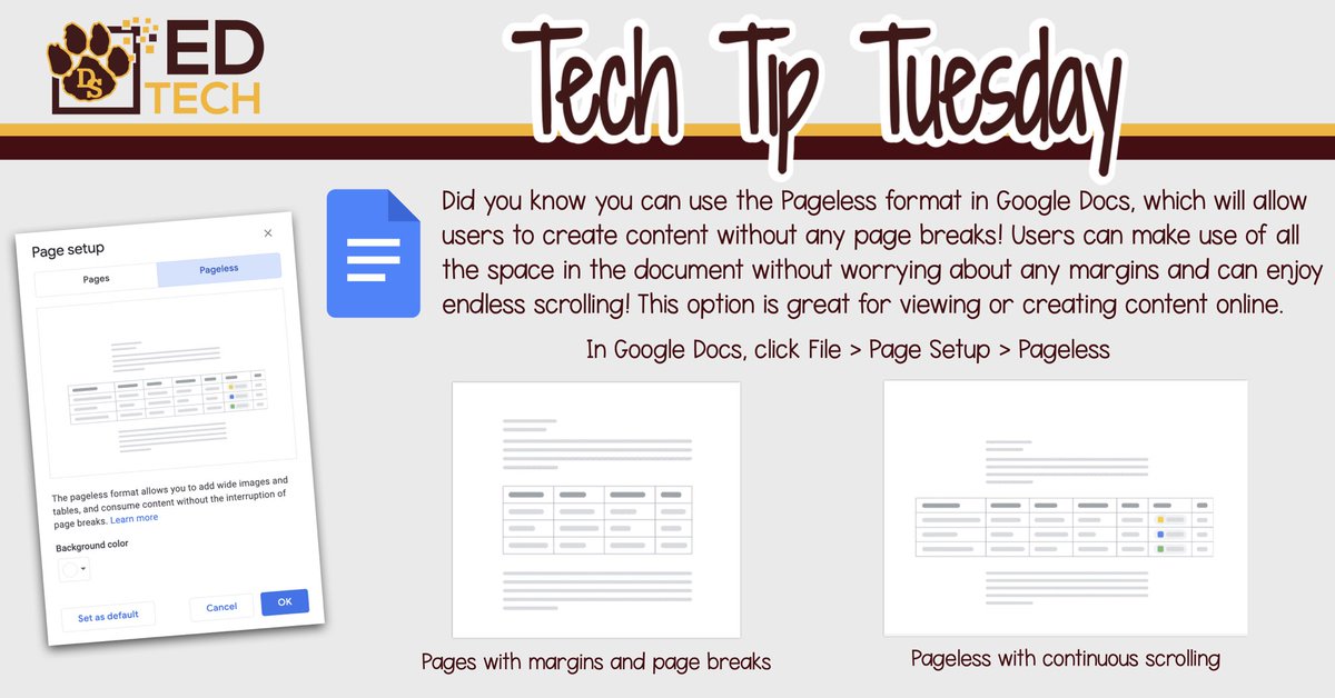 DS_EdTech's tweet photo. Did you know you can use the Pageless format in Google Docs, which will allow users to create content without any page breaks! This is a dream for those who love creating tables in Docs! #DSEdTech #TechTipTuesday #EdTech #GoogleEDU @DSISD https://t.co/rvOkRtRGiP