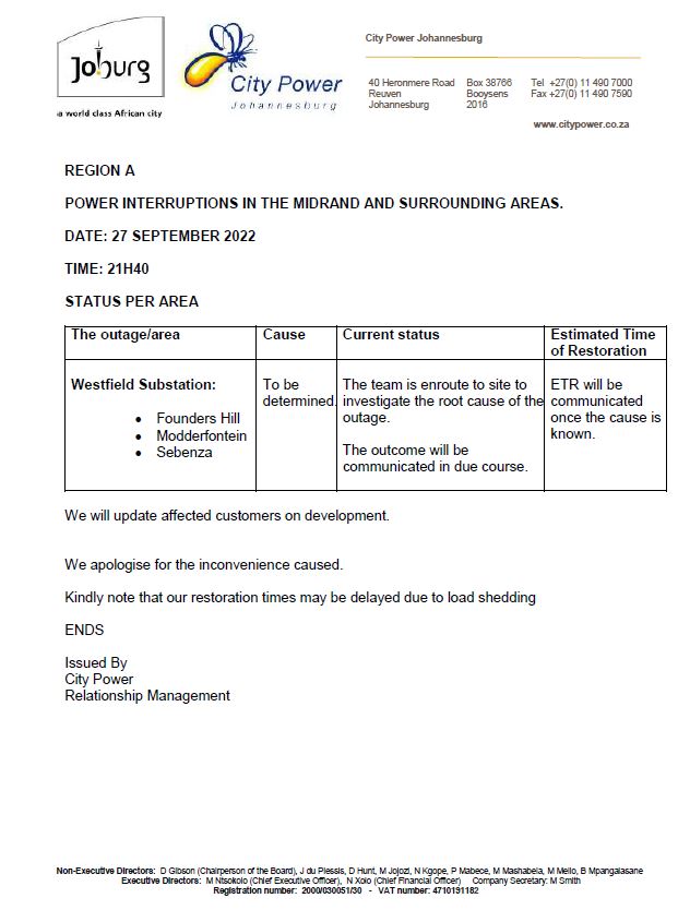 CityPowerJhb's tweet image. Region A #WestfieldOutage

We've sent out a team to investigate an outage affecting #Foundershill #Sebenza #modderfontein ^DR