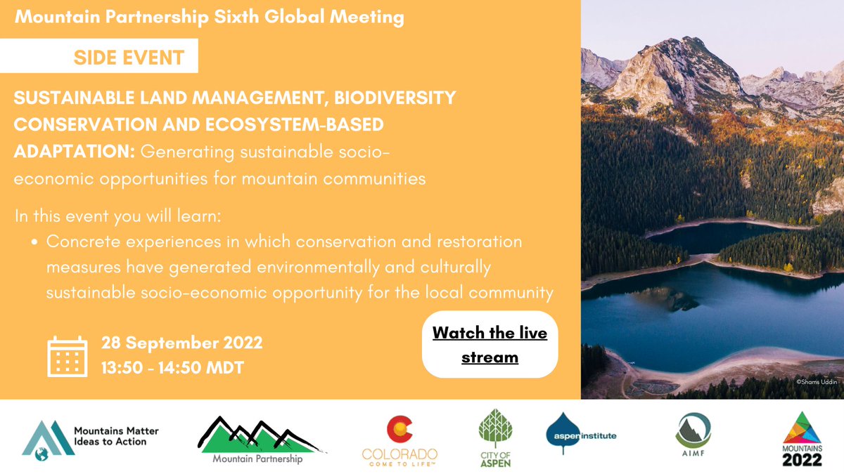 IUCNClimateTeam's tweet image. 📅Side event Sept 28th at @UNmountains📅

Learn about real world examples of #EcosystembasedAdaptation in mountain ecosystems  #MountainsMatter 

Join us live online tomorrow at 13:50-14:50 MDT ➡️tinyurl.com/MtEbAEvents