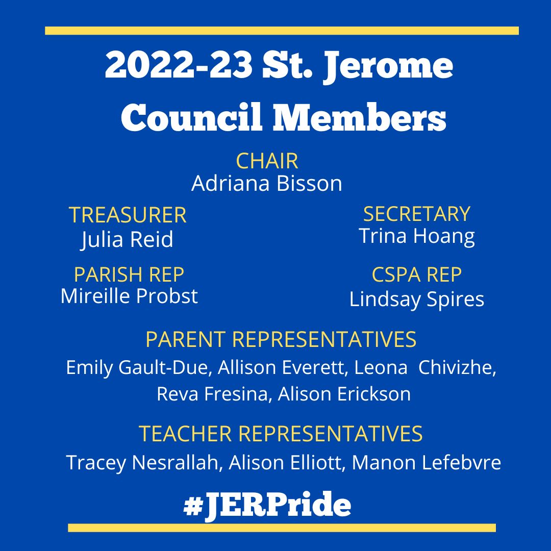We are happy to announce St. Jerome 2022/23 School Council members. Thank you to everyone who attended our first School Council Meeting last night. It was so great to see many parents come out and join us. #JERPride <a href="/StJeromeOCSB/">St. Jerome School</a>