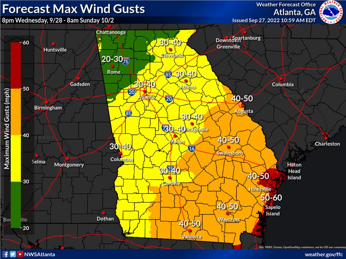 MaconBibbCoEMA's tweet photo. Right now, we are forecast to receive Tropical Storm sustained winds (40 mph) beginning Thursday morning and about 3 inches of rain over 4 days. This is all still very uncertain, so make sure to follow local weather forecasters & sign up for #MBCAlert at https://t.co/3AxrUFnlz4. https://t.co/J78xeKwWil