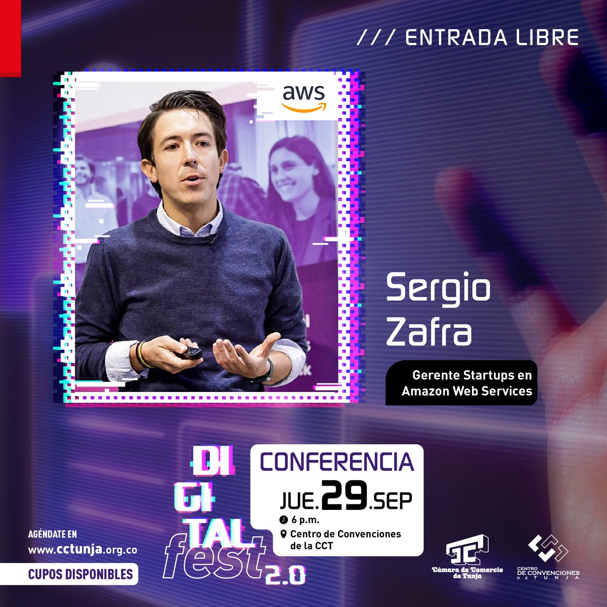 camaratunja's tweet photo. 📱 ¡Falta poco para el #DigitalFest 2.0! ¿Ya te inscribiste para asistir a nuestras actividades?💪😎
El jueves 29 septiembre a las 6 PM habrá una conferencia de Sergio Zafra, gerente de Startups de Amazon Web Services. 🤓 ¡Nos vemos en el Centro de Convenciones de la #CCT!✍️ https://t.co/0q6OLEYy51
