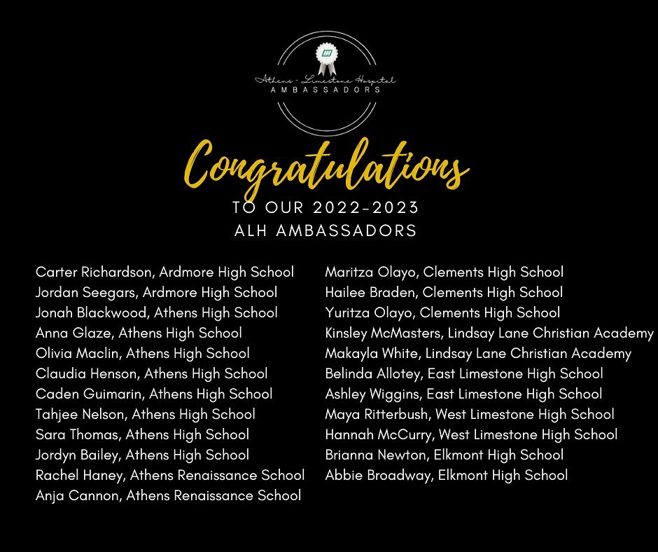 AthensALSchools's tweet photo. Congrats to our #goldeneagles selected to serve as Athens-Limestone Hospital Ambassadors! Students will have the opportunity to participate in lunch &amp; learn lectures, hosted by ALH leaders, to learn more about hospital operations, services &amp; healthcare careers. #eagleleaders https://t.co/8PQYrrXd7t