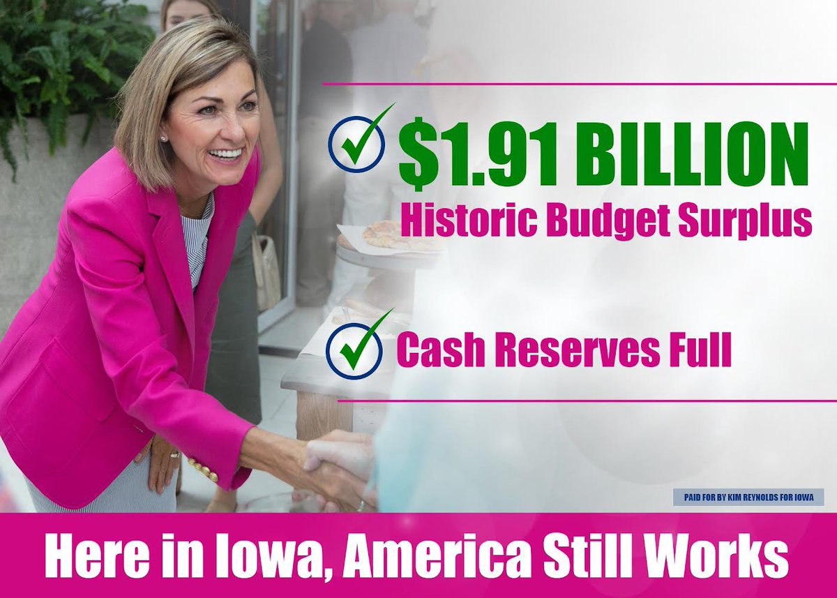 KimReynoldsIA's tweet photo. We cut taxes! 
Kept our economy open!
Applied common-sense &amp; responsible budgeting!
Chose growth over government! 
And the results are in: Here in Iowa, America still works! https://t.co/bzTt73UvOl
