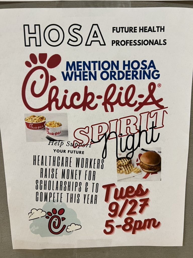 BREWER_HOSA's tweet photo. Friendly reminder - treat your family to Chick-Fil-A tonight! 📣 https://t.co/DLpQz6ftI1