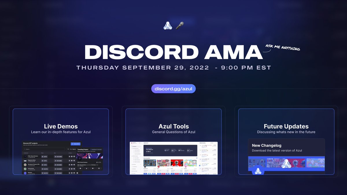 Azul AMA Announcement 🎙️

Join us on Thursday, September 29, 2022, @ 9 PM EST to learn about Azul and get answers to all your questions. [discord.gg/azul]

Like &amp; RT this tweet to earn Lifetime Access to Azul. [Must join AMA to qualify]. 🎁