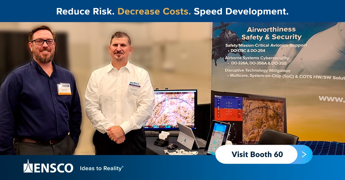 ENSCO_Inc's tweet photo. We’re live from the floor of #TheOpenGroup #ogFACE and #ogSOSA Technical Interchange Meeting! Stop by #ENSCO Booth 60 to talk with our experts about how our tools and services are aligned to the FACE Technical Standard: https://t.co/EtijXXJMwY
#avionics #airworthiness #HMI https://t.co/xvRxvy893t