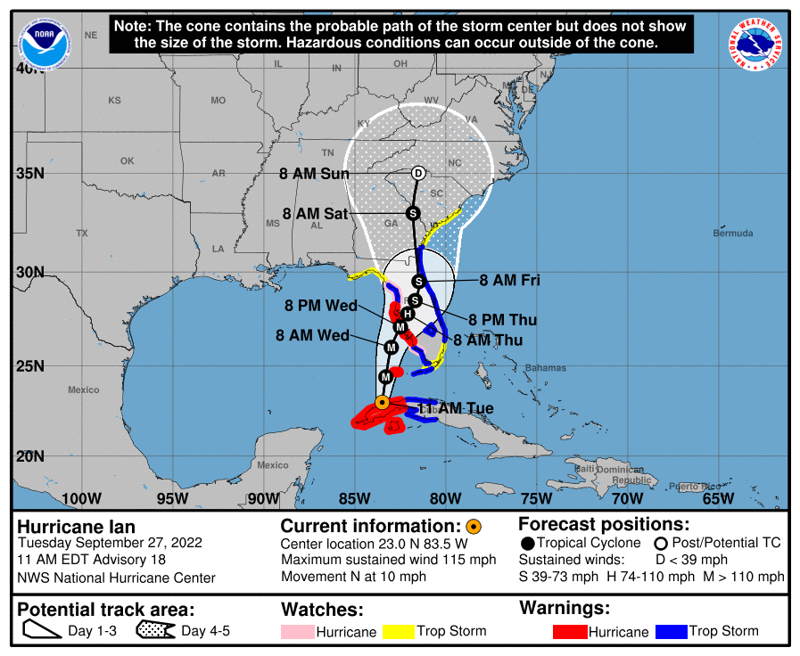 GCSCWX's tweet photo. 11 AM EDT track for Ian now brings the center onshore just south of Tampa Wednesday night. Models have been trending south and Ian has been tracking on the east side of the cone this AM. https://t.co/8kVcqzQrl8