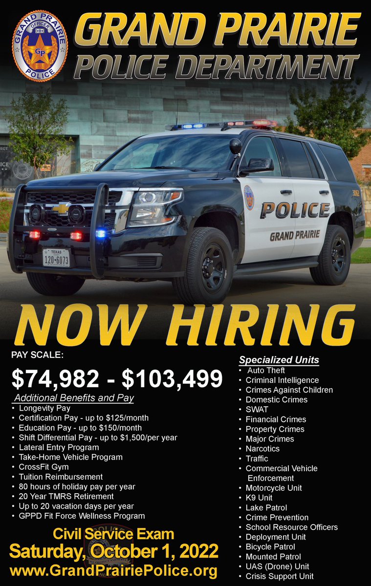 ChiefMorrisGPPD's tweet image. Why is @GrandPrairiePD unique? Why are people who have never been a cop before, as well as cops from PD's all around the country flocking to come be part of the #GPPD family? Come see for yourself this Saturday October 1st! #Culture #Values #Service #People #GPPDProud