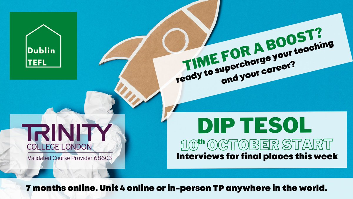 dublintefl's tweet photo. Still time (just!) to get your application in. 
If you're feeling like this academic year is the year you change things up and really develop both your teaching and your career, our #DipTESOL could be just the thing for you. https://t.co/UemgkTofZq
#ESL #ELT #TEFL #Delta https://t.co/kCkQruHVFN