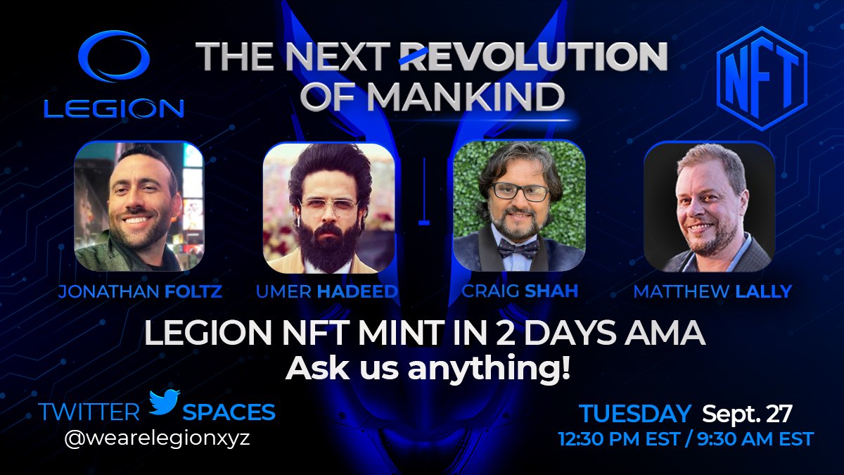 💫 Less than 1 hour away! Join us #LIVE for one of the MOST utility-based NFT launches in the space @ 12:30 PM EST with our team to chat about our LEGION NFT MINT - the Physical world meets the Digital!

We. Mint. On. Sept. 29🔥😯

👇See you here! x.com/i/spaces/1eaJb… 

#NFTs