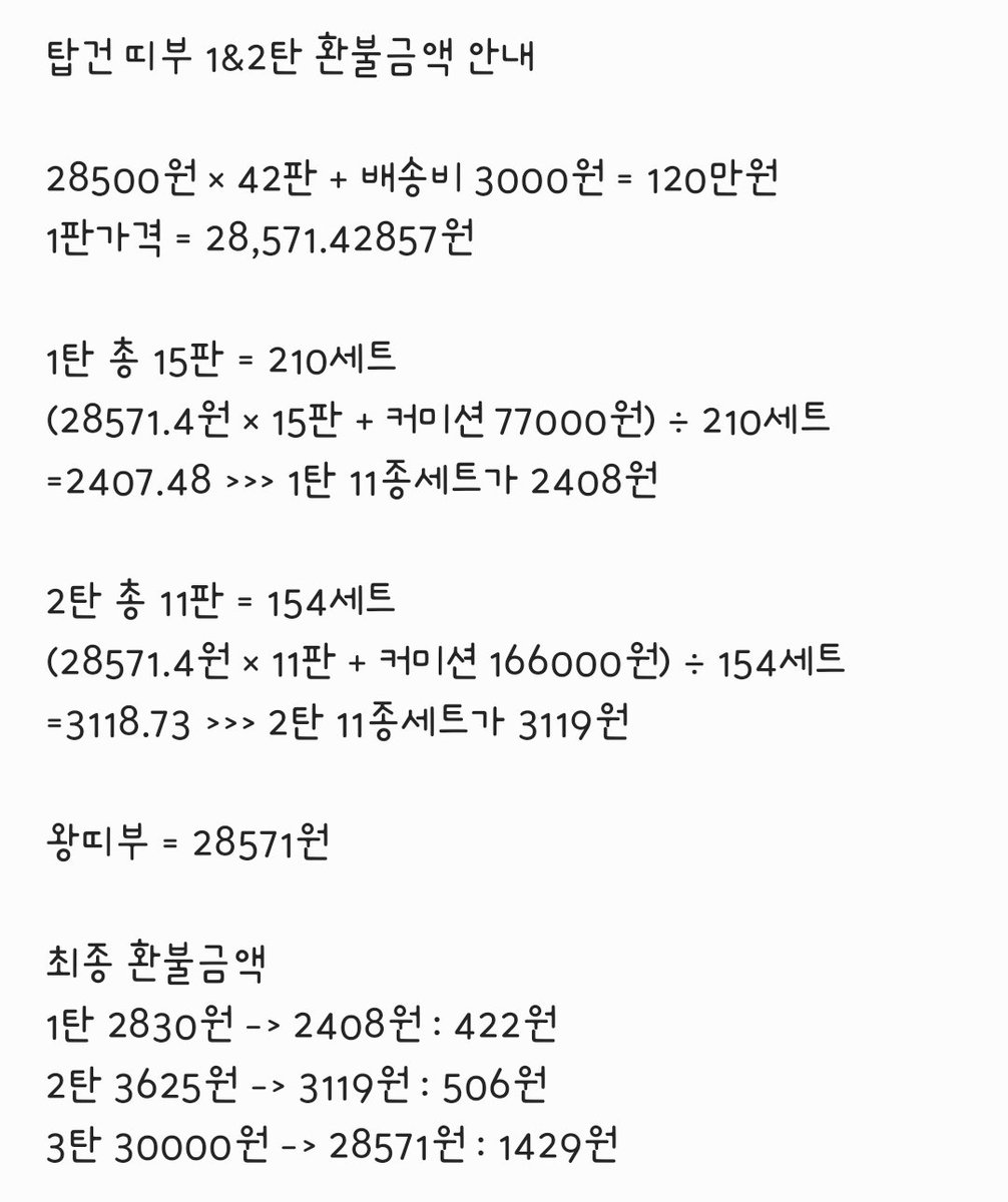 duckjil_pin's tweet photo. 띠부 최종 환불금액 공지입니다!
올림한것도 있고 내림한것도 있으나..

왕띠부 내림 이유는 1&amp;2탄 계산시 28571.4원이라 28572원이면 왕띠부만 비싸게 받는거린 내림을 했고..

1&amp;2탄은 올림을 통해 포장비에 포함안된 포장용 지퍼백에 보탬했습니다.

포장은 1차로 지퍼백에 최대3세트씩(33개) https://t.co/kLOmfqRAAR