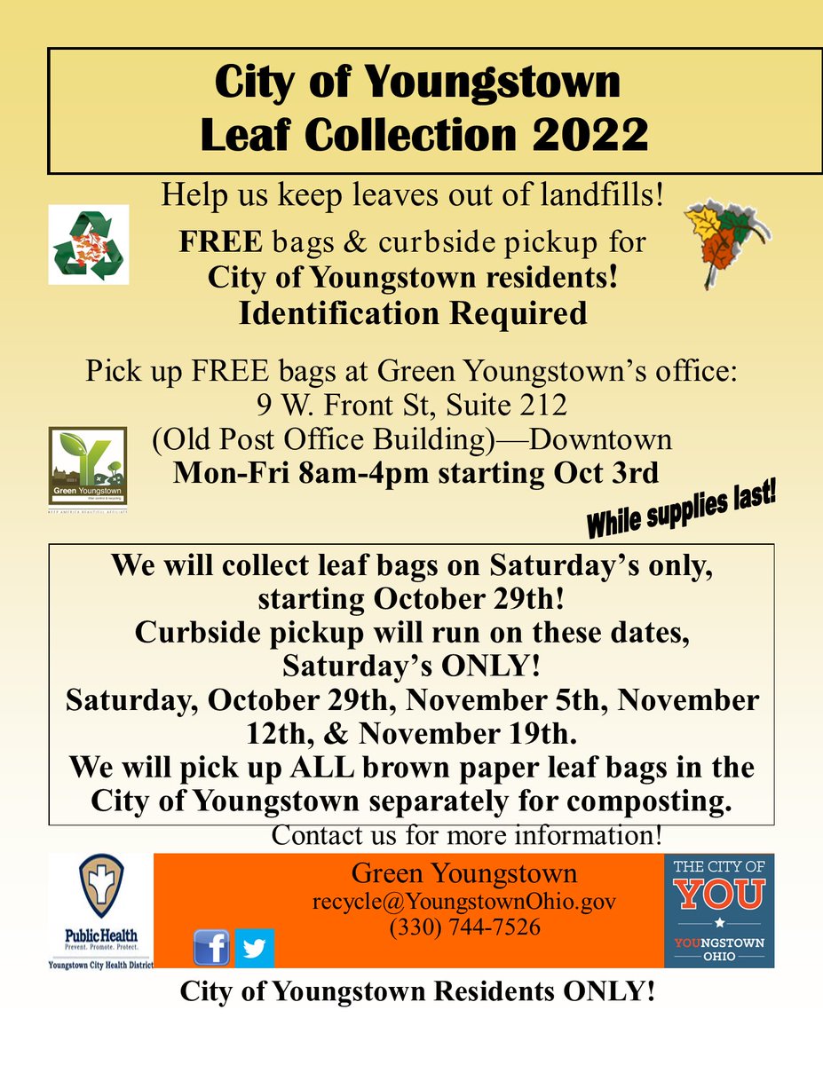 GreenYoungstown's tweet photo. Monday, October 3rd we will be passing out leaf bags to Youngstown residents only.
Location:
Youngstown Municipal Courthouse
9 West Front Street, Suite 212
Youngstown, Ohio 44503
(The old Post Office) https://t.co/1fGGgvVDAy