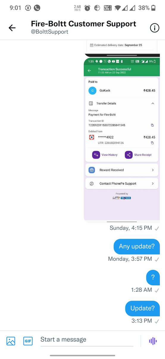 happyhitu's tweet photo. @BolttSupport @BolttSupport @fireboltt__ Attached screenshot is the proof, that you are not even replying over the DM's
You just need to update to delivery guy that order is Prepaid, that's it.
@jagograhakjago https://t.co/4PLzgxWiSv