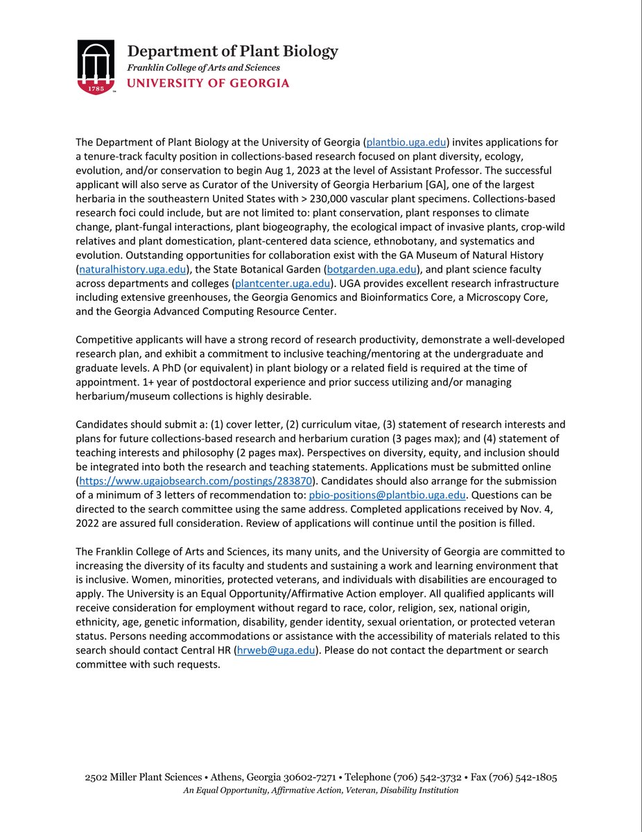 We’re hiring! Applications now being accepted for a tenure-track faculty position in collections-based research w/a focus on plant diversity, ecology, evolution, and/or conservation. The successful candidate will also serve as Curator of the UGA Herbarium. ugajobsearch.com/postings/285039