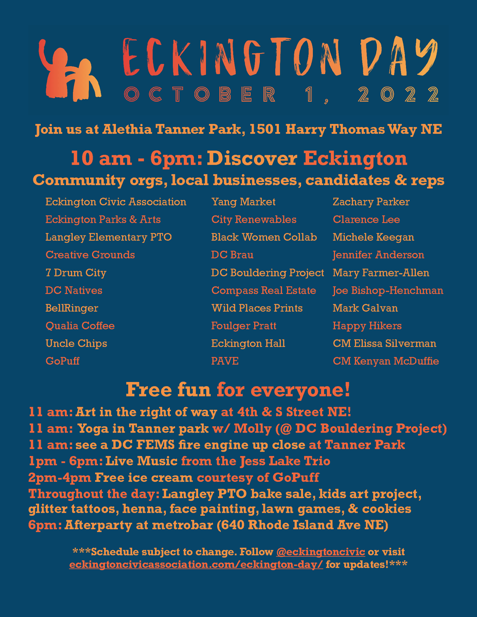 Join us this Saturday (Oct. 1) for Eckington Day! A couple of updates to the schedule to highlight: a <a href="/dcfireems/">DC Fire and EMS Department</a> fire truck will be joining the fun at 11 am! We'll also be having an afterparty at <a href="/metrobardc/">metrobar</a> at 6pm. #EckingtonDay