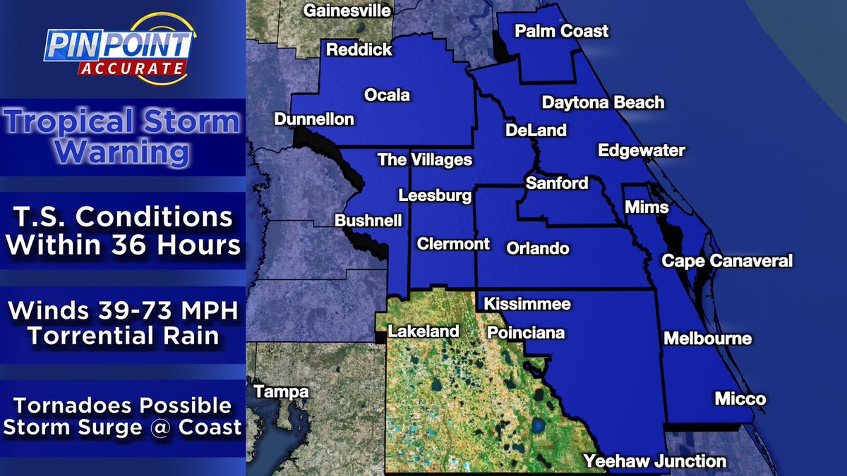 A Tropical Storm Warning is in effect until Sep 30 11:32AM for the following shaded counties: Orange, Seminole, Lake, Osceola, Hernando, Collier, Citrus, Pasco, Sumter, Highlands, Hendry, Okeechobee, Levy, Glades #flwx #news6