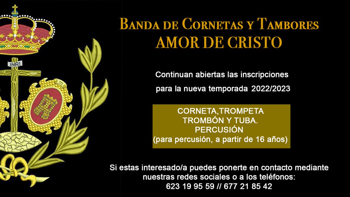 Recuerda que ya hemos vuelto a los ensayos y que tenemos abierto el plazo de inscripción de nuevos componentes. #suenaamordecristo