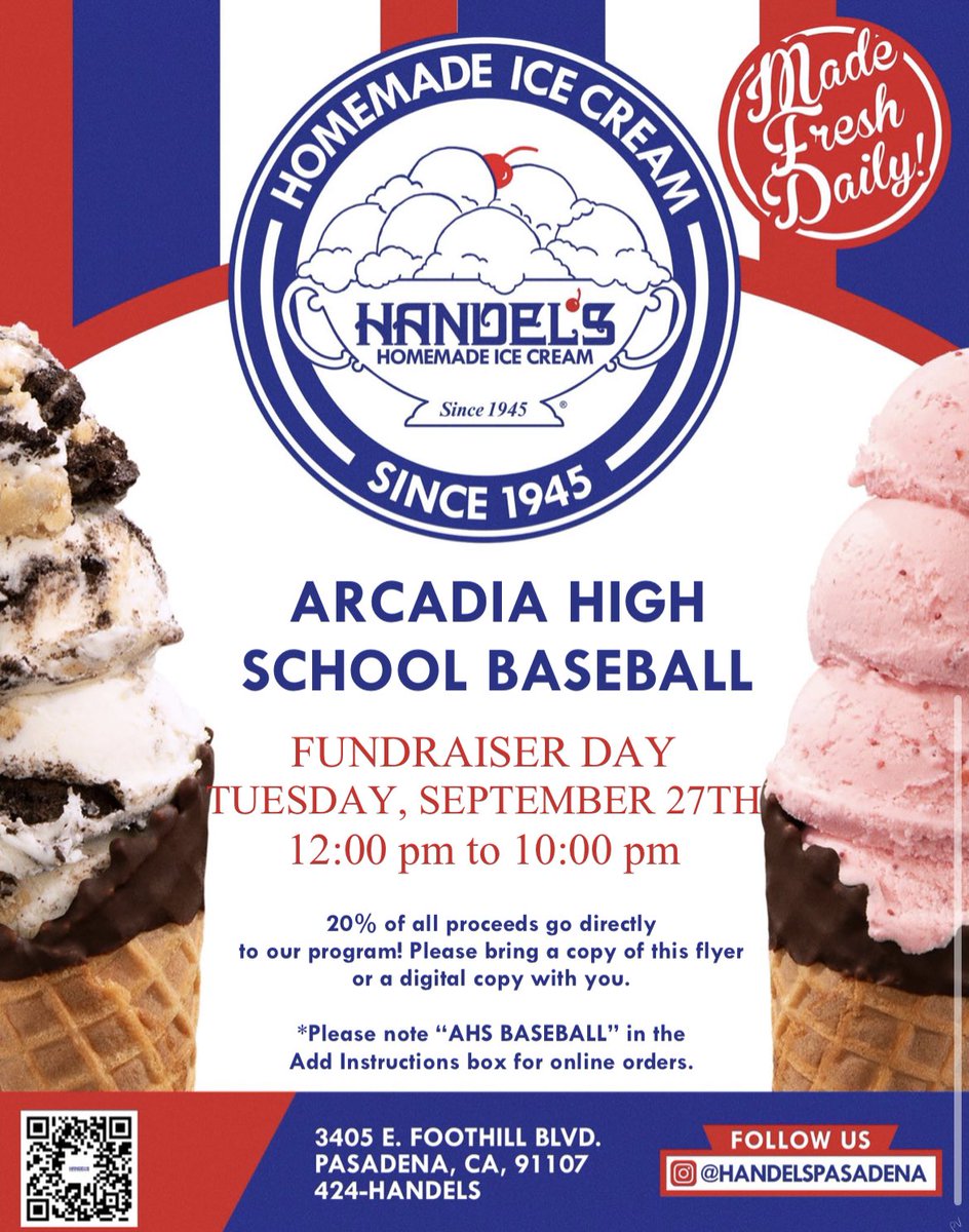 Today is the day! Join us for a great double header featuring Hook Burger and Handel’s. Be sure to show the fliers and help spread the word. @ArcadiaUnified @ahsapachesports @hookburgers @handelsicecream