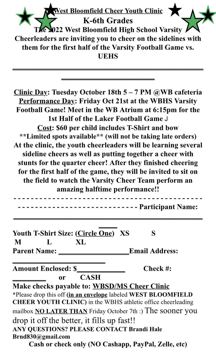 cheer_wb's tweet photo. West Bloomfield Youth Clinic October 21st!!! Information has been sent to schools. Any one can participate! https://t.co/JBzBFyr8eb