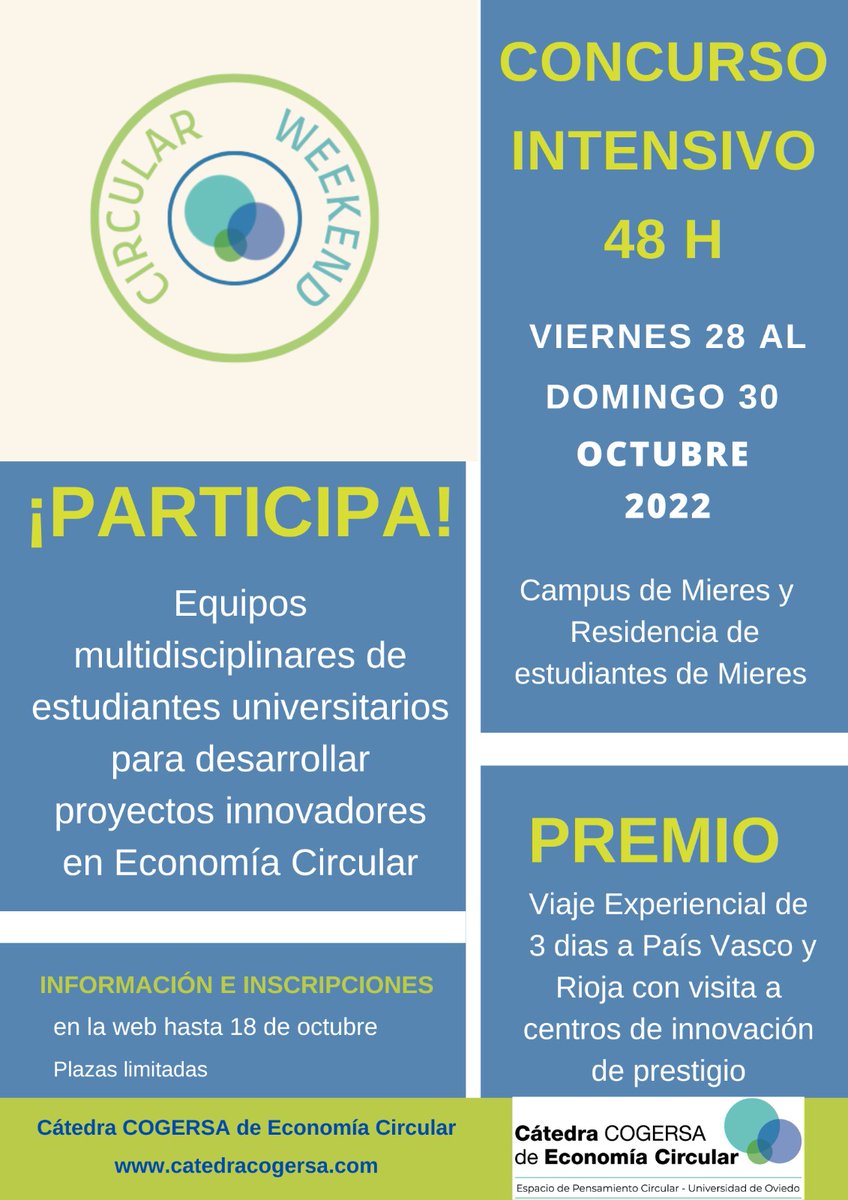 cogersacatedra's tweet image. 💫¿Eres #estudiante en la @uniovi_info? ¿Te apasiona la #economíacircular? 

📢¡Atención a la nueva edición del #CircularWeekend!

👉Apúntate a través de nuestra web y disfruta de un evento único, ¡con premio!: 

catedracogersa.com/actividades/co…

#universidadempresa #sostenibilidad