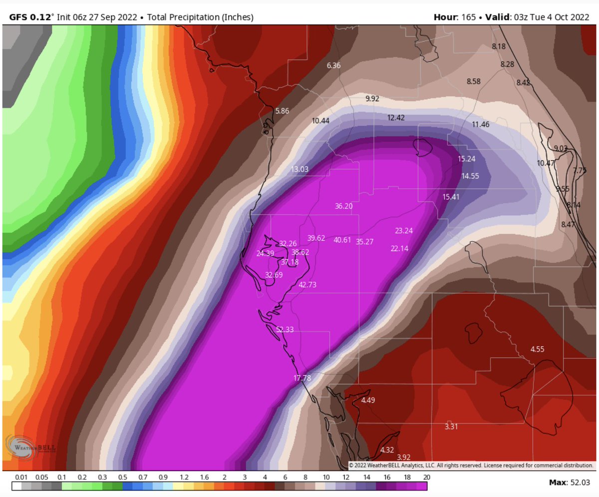 MatthewCappucci's tweet photo. We need to start messaging about the potential for devastating *freshwater* flooding.

Surge will be an issue at coast, but we could be talking about a strip of 20 to 35 inches of rain in a swath all across Florida.

Even inland, ensure your shelter is immune to extreme rainfall. https://t.co/rrjEkfQQas