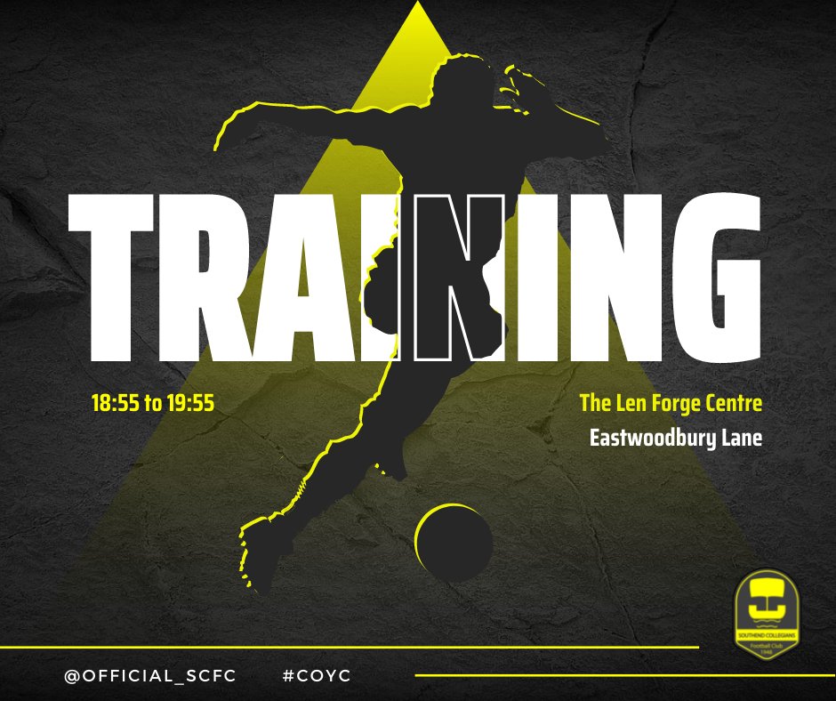 official_scfc's tweet photo. Club training tonight! Arrive at The Len Forge Centre by 18:40 for an 18:55 start. Session to finish by 19:55. Don't be late!
#SouthendCollegians #FootballInSouthend #SaturdayTeam #SundayTeam #EssexFootball https://t.co/rwuiqszW9z
