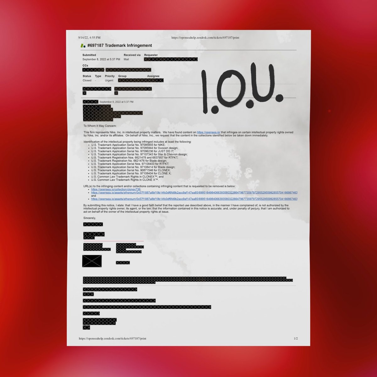 CloneX736's tweet photo. To IOU holders (if you've received a @McRTFKT drop frm me in past, check 'hidden' on OpenSea to redeem). Ur instructions are below:

1. RT
2. Burn your IOU by sending it to im-burnin-it.eth within 24 hrs of this post. Late won't qualify.
3. Drop a 🍔🔥 in the comments to confirm. https://t.co/1dHKaWQ7rh
