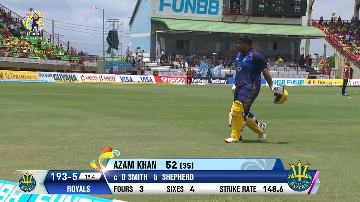Another good knock by Azam Khan in #CPL22! He hit 3 fours and 4 sixes in his 52.

His innings helped Barbados Royals to a big total of 195/5 in Qualifier 1.