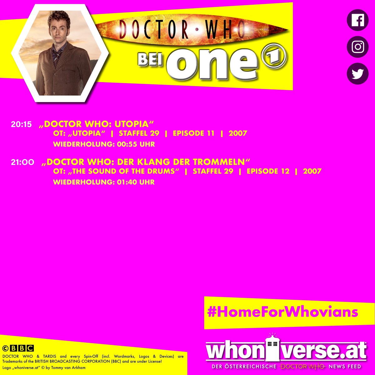 whoniverse_at's tweet photo. „Doctor Who“ im TV!
Heute Abend, ab 20:15 Uhr auf one ARD - #HomeForWhovians

#whoniverse_at #DoctorWho #TARDIS #TimeLord #BBC
#Series29 #10thDoctor #DavidTennant #AllonsY #NewWho #oneARD
#AustrianDoctorWhoNewsFeed https://t.co/tilNDySrVe