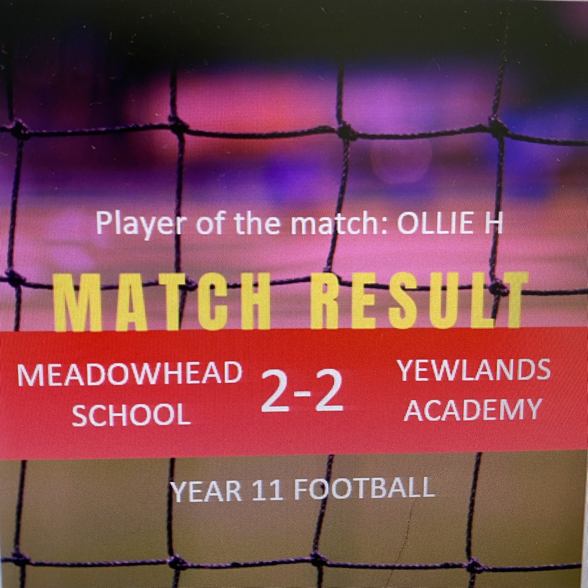 Yewlands PE (@yewlandspe) on Twitter photo Last night our Y11 football team played a very competitive game against <a href="/MeadowheadSch/">Meadowhead School</a>. The game finished 2-2 with the Meadowhead keeper making an outstanding save in the final minute. Player went to Ollie H ⚽️ Last night our Y11 football team played a very competitive game against <a href="/MeadowheadSch/">Meadowhead School</a>. The game finished 2-2 with the Meadowhead keeper making an outstanding save in the final minute. Player went to Ollie H ⚽️