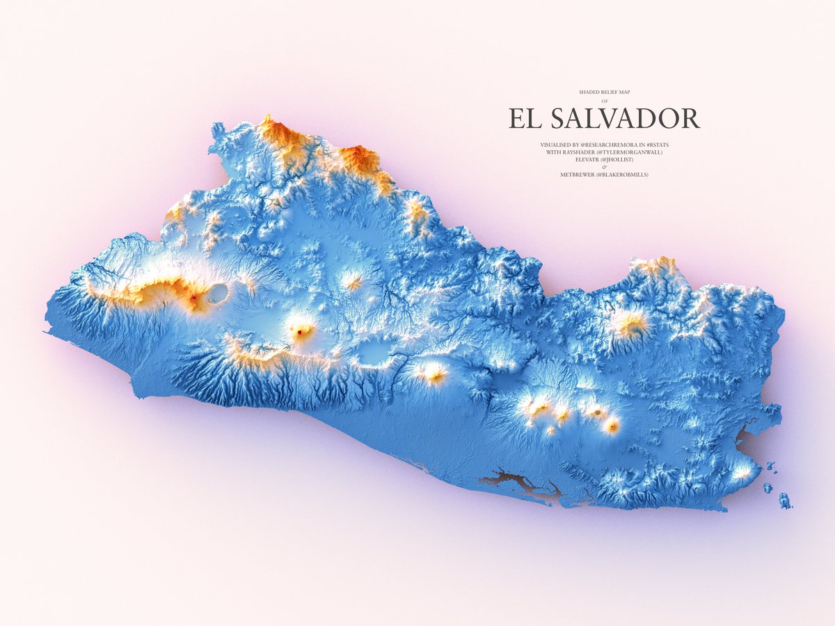 researchremora's tweet photo. I would never let #ggplot2 eat into my #rayverse time. I've decided #raymachine is for the #rayverse and work-issued laptop is for ggplot. Hey, that rhymes! Right, today's shaded relief map is El Salvador. Look at those volcanoes!
#rayshader adventures, an #rstats tale https://t.co/GZhOxh1TgL