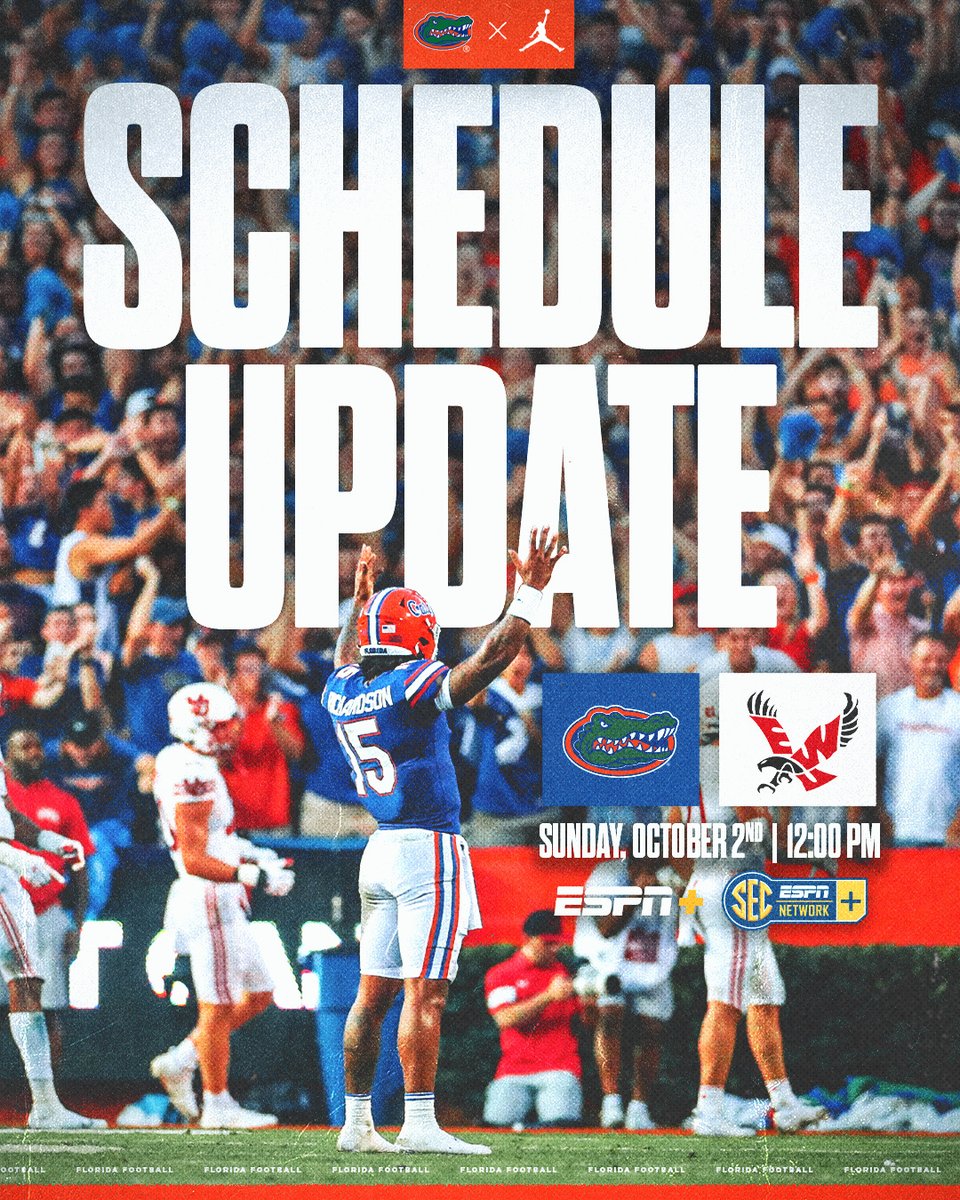 Due to Hurricane Ian, our game vs. Eastern Washington has been re-scheduled for Sunday, October 2nd at noon.

All tickets issued for Saturday will be honored on Sunday. 

Read more here: floridagators.com/news/2022/9/27…