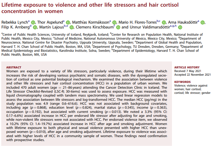 Rebekka Lynch is a physician and a Ph.D. student in public health at <a href="/CPHIceland/">Centre of Public Health Sciences</a> where her focus is on the psycho-physiological sequelae of violence against women.

Her results suggest that violence exposure is associated with higher cortisol levels.