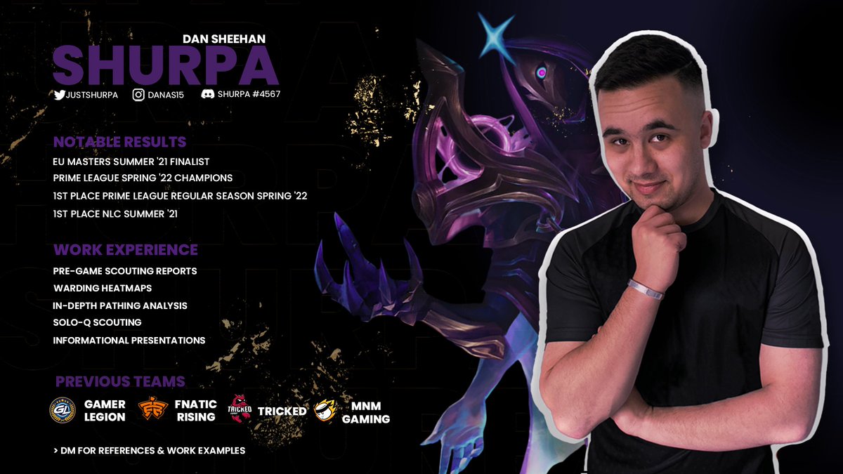 JustShurpa's tweet photo. LFT - Analyst

After winning @PrimeLeague in Spring '22, and making @EUMasters Finals in Summer '21, I am ready to return after a Summer break to level up your team and give you the final piece of your winning formula.  

DM for references and examples. RT's greatly appreciated https://t.co/qMskPLlT8A